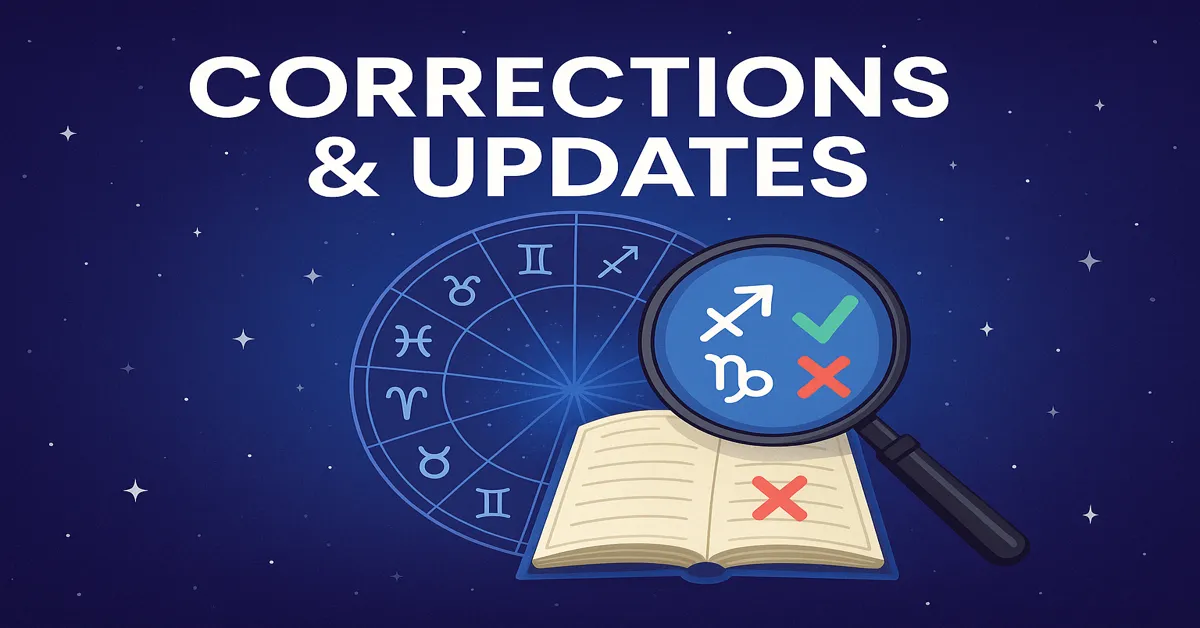 Corrections and Updates in Astrology — Transparent zodiac accuracy with magnifying glass and horoscope symbols